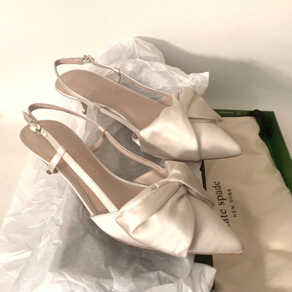 Kate Spade Marseille Ivory White Satin Bow Slingback Pumps Kitten Heel Shoes 8 - Picture 16 of 16